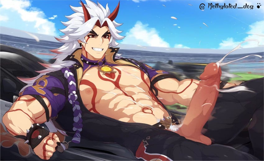 1boy ai_generated arataki_itto gay genshin_impact male male_only methylated_dog muscle muscles muscular muscular_male oni oni_horns racing white_hair yaoi