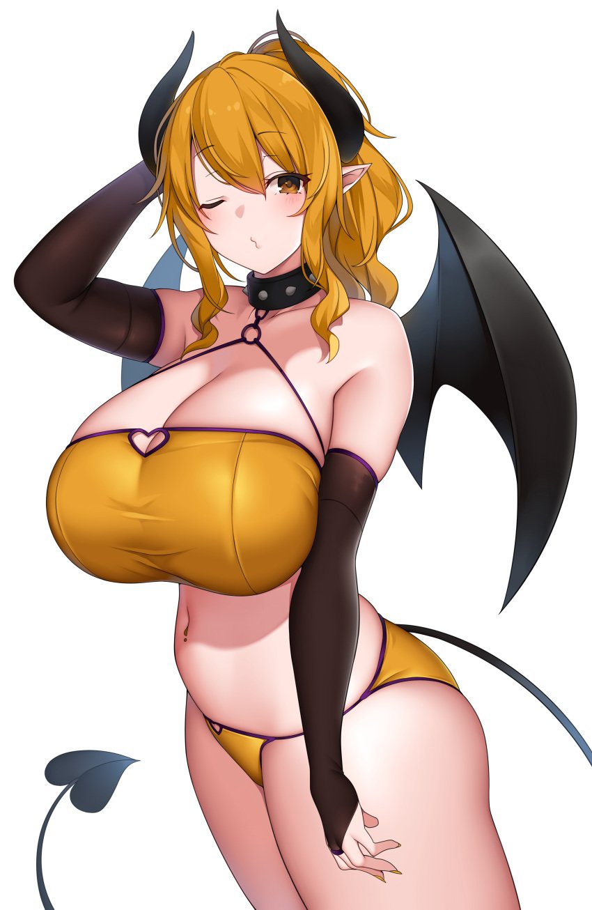 demon_wings huge_breasts original original_character succubus suruga_(xsurugax) tagme white_background wings yellow_clothes