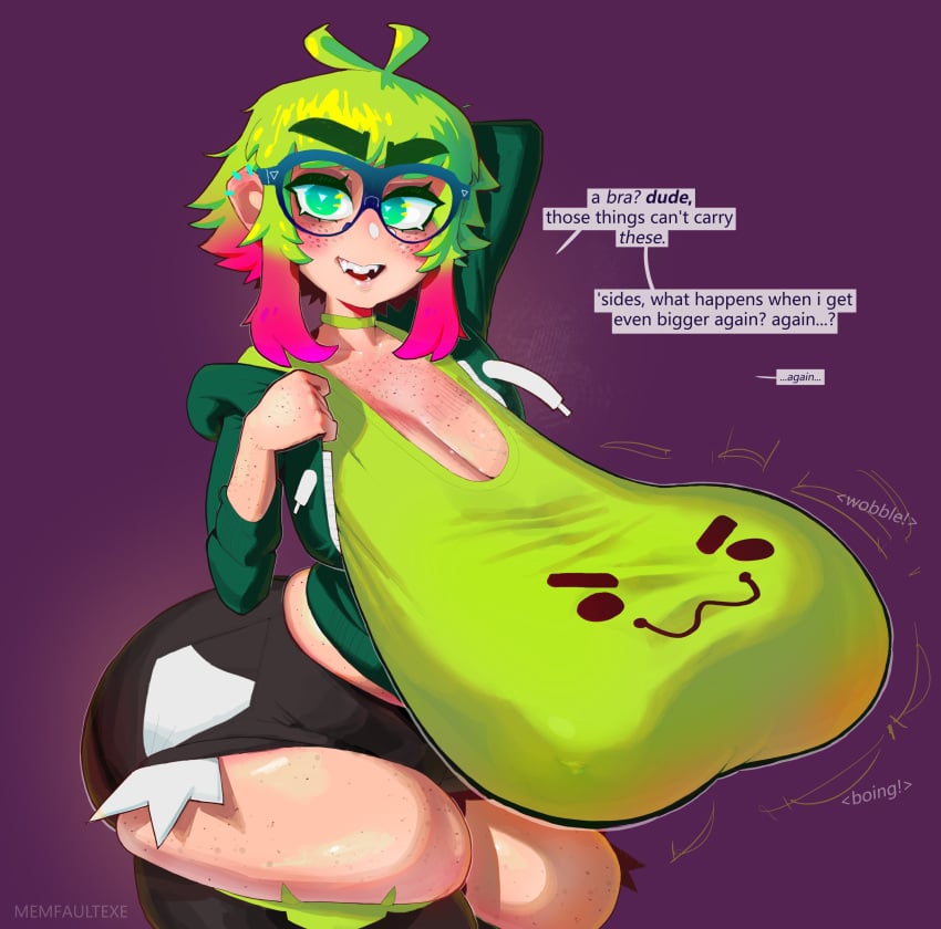 big_ass big_breasts breast_expansion breasts_bigger_than_head breasts_bigger_than_torso cellulite chubby cleavage freckles glasses green_eyes green_hair huge_breasts huge_nipples massive_breasts memfaultexe nerd piercing piercings pink_hair plump sagging_breasts thick_eyebrows thick_thighs verde_(memfaultexe) wobbling_breasts