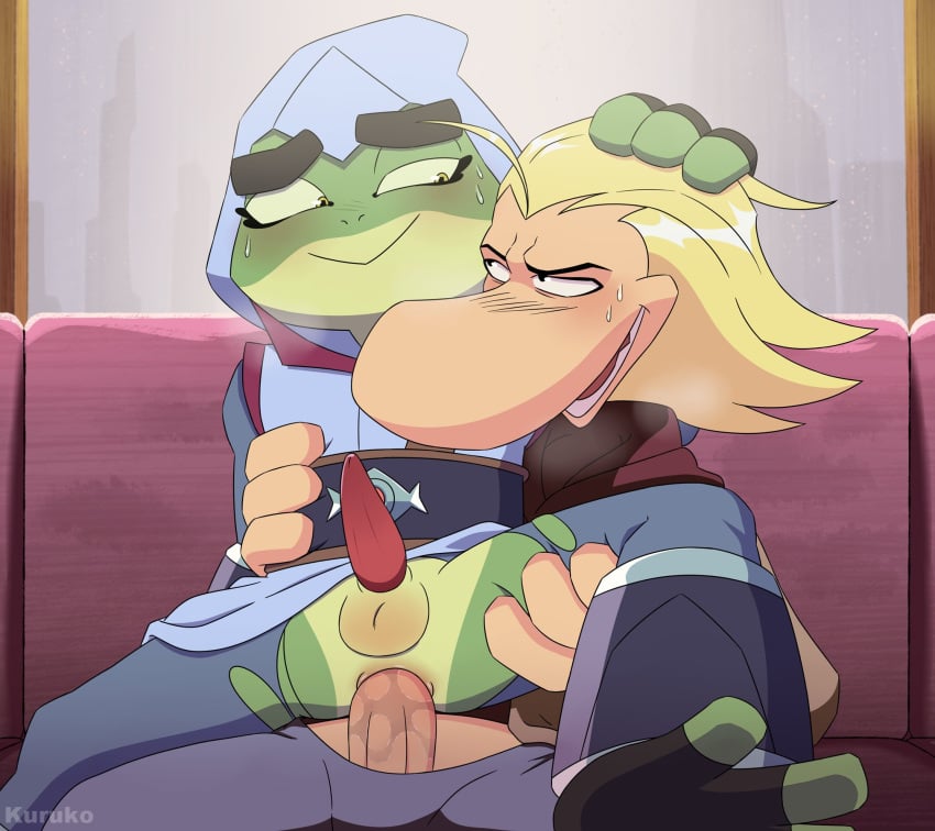 accurate_art_style amphibian anal anthro balls blonde_hair blush bodily_fluids bullfrog_(captain_laserhawk) captain_laserhawk:_a_blood_dragon_remix clothed clothing colored duo erection frog furniture genitals green_skin hi_res hoodie humanoid interspecies kuruko leg_lift male male/male partially_clothed penis rayman rayman_(series) reverse_cowboy_position saliva sofa sweat topwear ubisoft yaoi