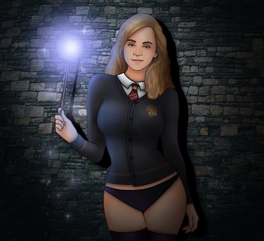 1girls background brick_wall brown_eyes brown_hair button_down_shirt buttons dreamy_eyes eyes fantasy female female_only front_view glowing gryffindor gryffindor_symbol hair happy harry_potter hermione_granger hogwarts human human_only jooyy light light-skinned_female light_skin lips long_hair long_sleeves looking_at_viewer magic magic_user magical_girl necktie neckwear open_eyes panties partially_clothed school school_uniform schoolgirl self_upload shirt smile socks solo solo_female sparkles stockings student thighhighs thighs underwear uniform wand-lighting_charm witch