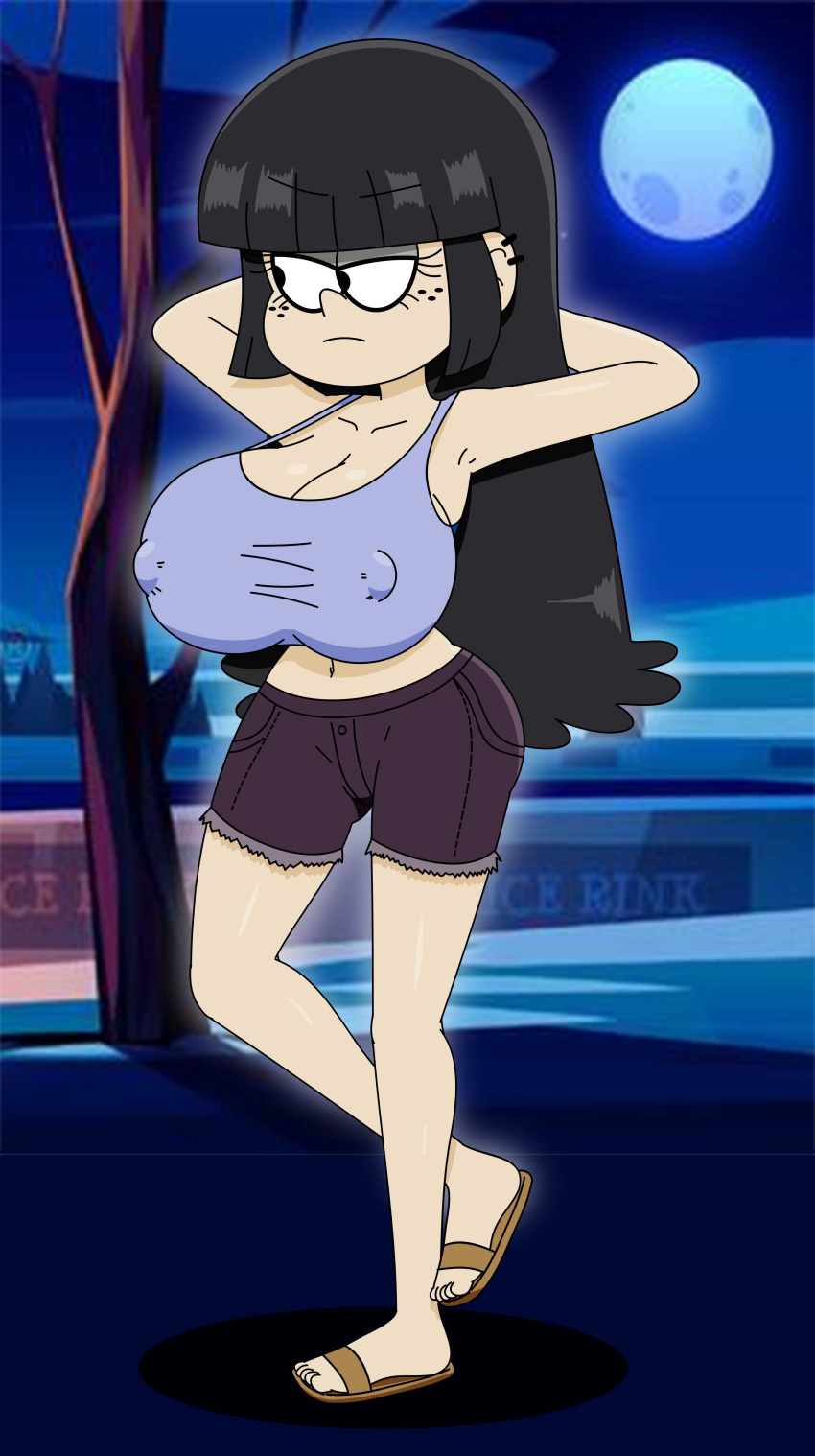 black_hair clothing emo female female_only ferozyraptor goth goth_girl gothic lake large_breasts maggie_(the_loud_house) moon moonlight night nipples nipples_visible_through_clothing patreon_reward patreon_username purple_shorts sandals solo tank_top teenage_girl teenager the_loud_house