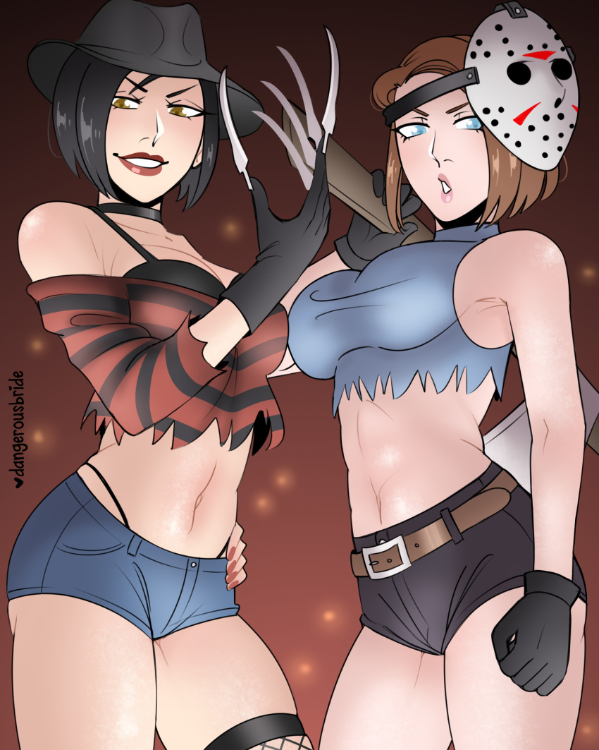 2girls a_nightmare_on_elm_street ada_wong ada_wong_(adriana) aqua_eyes axe bare_shoulders bishoujo_terror black_hair brown_eyes brown_hair capcom choker clothing dangerousbride female female_only fishnet_stocking freddy_krueger_(cosplay) friday_the_13th fully_clothed gloves halloween halloween_costume hat hi_res hockey_mask jason_voorhees_(cosplay) jill_valentine jill_valentine_(sasha_zotova) looking_at_viewer medium_hair pink_lips red_lipstick resident_evil resident_evil_2 resident_evil_2_remake resident_evil_3 resident_evil_3_remake sharp_claws shorts smiling smiling_at_viewer stocking thick_thighs thong whale_tail