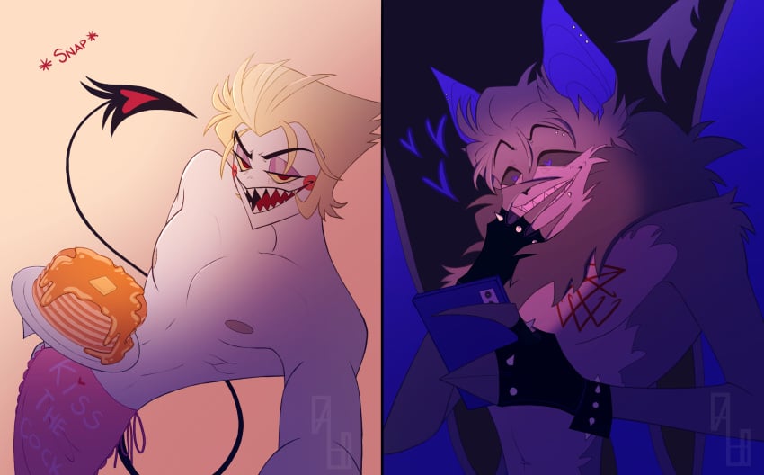 2boys age_difference analogh0rror bat chest commission commission_art commissioner_insert commissioner_upload demon demon_boy gay half_dressed half_naked hazbin_hotel lucifer_morningstar_(hazbin_hotel) male male/male male_only original_character pancake teasing