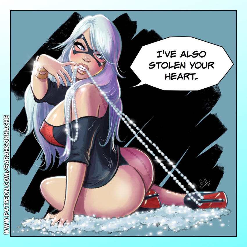 1girls ass big_ass big_breasts black_cat_(marvel) blue_eyes breasts diamond felicia_hardy female female_only heels jewelry marvel marvel_comics mask masked_female necklace panties sarah_con_hache shirt shirt_only spider-man_(series) thick thick_ass thick_lips thick_thighs underwear white_hair