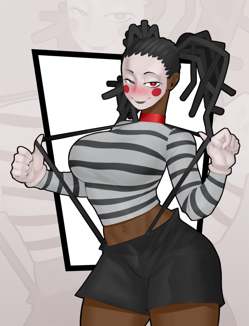 1girls 2023 absurd_res alternate_version_available arched_back big_breasts blush blush_lines breasts clothed clothing clown clown_girl clown_makeup da_squad dark-skinned_female dark_skin different_eye_color female female_only fully_clothed gloves human looking_at_viewer miime_d_lilly mime mime_girl mime_makeup mr_fuga original original_character solo solo_female standing thick_thighs wide_hips