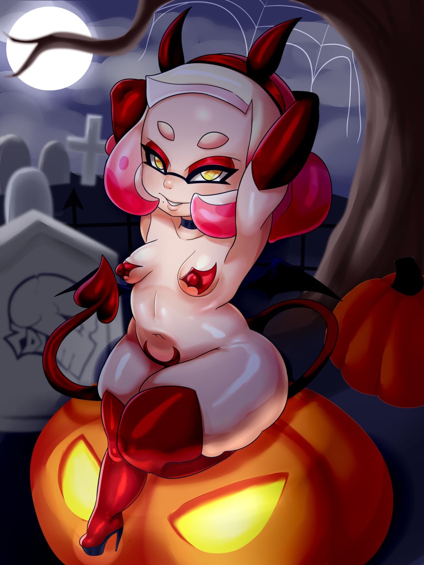 1girls anthro armpits ass big_ass breasts demon_tail erozer eye_contact female gloves halloween high_heel_boots inkling looking_at_viewer nintendo pearl_(splatoon) plump shortstack small_breasts smaller_female solo splatoon tail tentacle_hair thick_thighs thighhighs thighs wide_hips