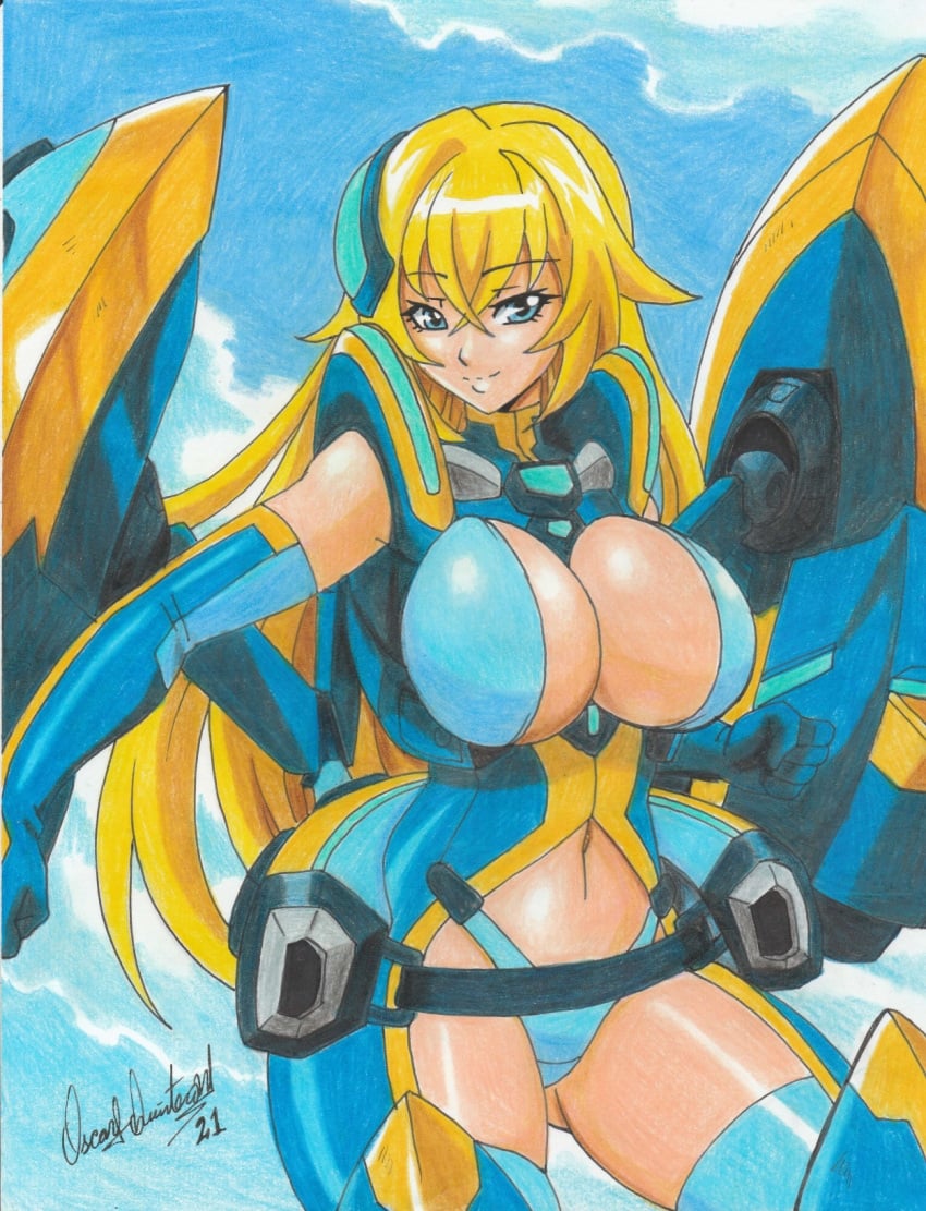 1girls 2021 bare_thighs big_breasts blonde_hair blue_eyes huge_breasts masou_gakuen_hxh navel pencil_(artwork) ravern_clouk solo solo_female tagme thick thick_thighs yurishia_farandole