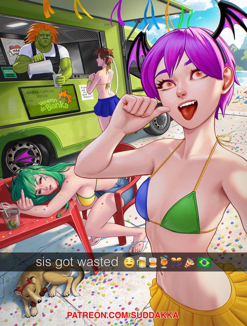 1boy 3girls bikini blanka brazil brazilian brown_hair capcom crossover darkstalkers detailed_background english_text fangs female green_hair green_skin head_wings hi_res lilith_aensland looking_at_viewer male middle_finger morrigan_aensland open_mouth orange_eyes orange_hair portuguese_text purple_hair sakura_kasugano selfie smiling smiling_at_viewer snapchat street_fighter succubus suddakka text tongue_out wings