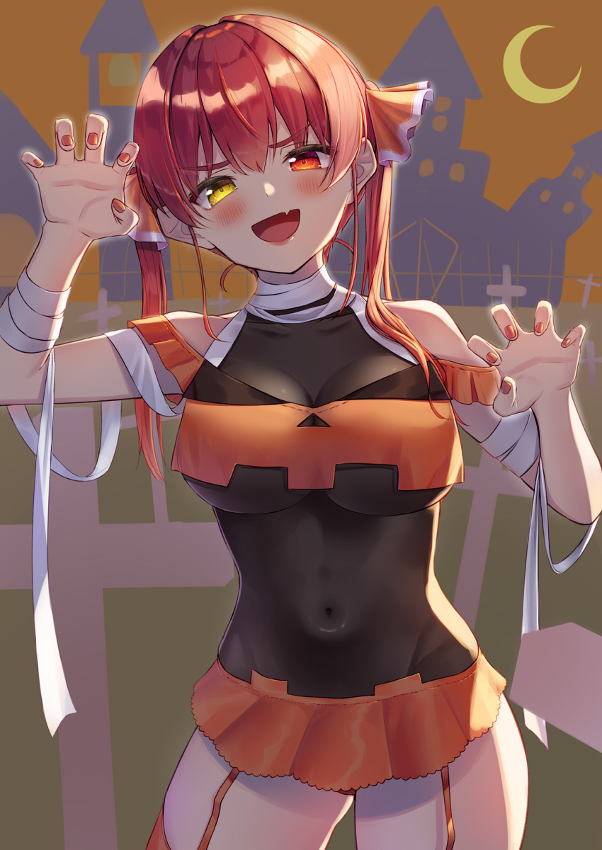 :d bandaged_arm bandages bangs bare_shoulders blush bodystocking breasts claw_pose covered_navel cowboy_shot crop_top eyebrows_visible_through_hair female garter_straps hair_between_eyes hair_ribbon halloween halloween_costume heterochromia highres hololive hololive_fantasy hololive_japan houshou_marine large_breasts long_hair looking_at_viewer nail_polish nyaa28 oerba_yun_fang open_mouth orange_skirt red_eyes red_hair red_nails red_ribbon ribbon skin_fang skirt smile solo standing twintails virtual_youtuber yellow_eyes