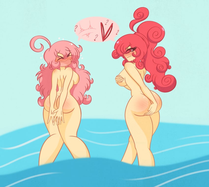 2girls ass blushing_butt breasts completely_nude_female embarrassed embarrassed_nude_female enf harmony_(limbros) limbros lost_clothes melody_(limbros) multiple_girls nude partially_submerged tagme