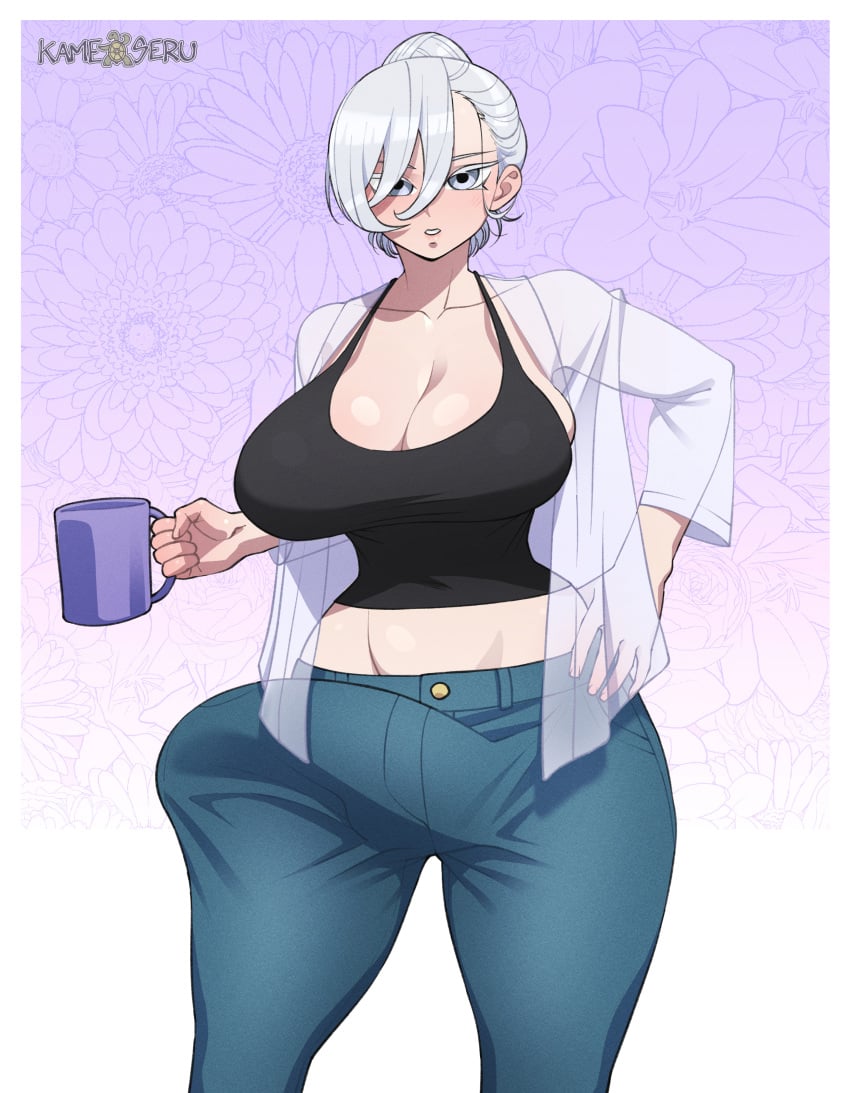 1futa blue_eyes breasts cameltail cleavage clothed clothing erection erection_under_clothes fully_clothed futa_only futanari hourglass_figure huge_breasts huge_cock human kamekuzu kameseru kawai_rami komi-san_wa_komyushou_desu large_breasts light-skinned_futanari light_skin long_hair pale-skinned_futanari pale_skin penis solo standing thick_thighs white_hair wide_hips