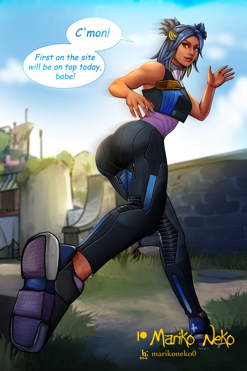 1girls ass ass_focus blue_hair english english_text female looking_at_viewer low-angle_view marikoneko marikoneko0 neon_(valorant) riot_games speech_bubble valorant