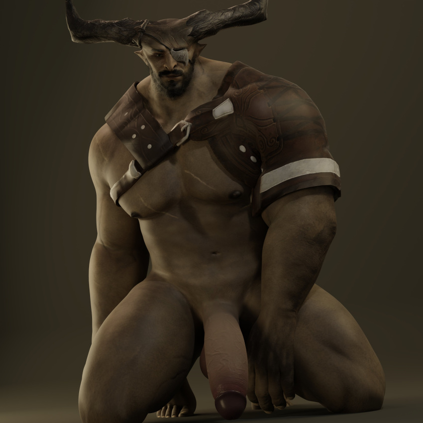 3d 3d_(artwork) balls bara big_penis bottomless dragon_age dragon_age_inquisition eyepatch facial_hair flaccid grey_body grey_skin horns iron_bull male male_only muscles muscular pantsless penis qunari solo solo_male squatting voluox