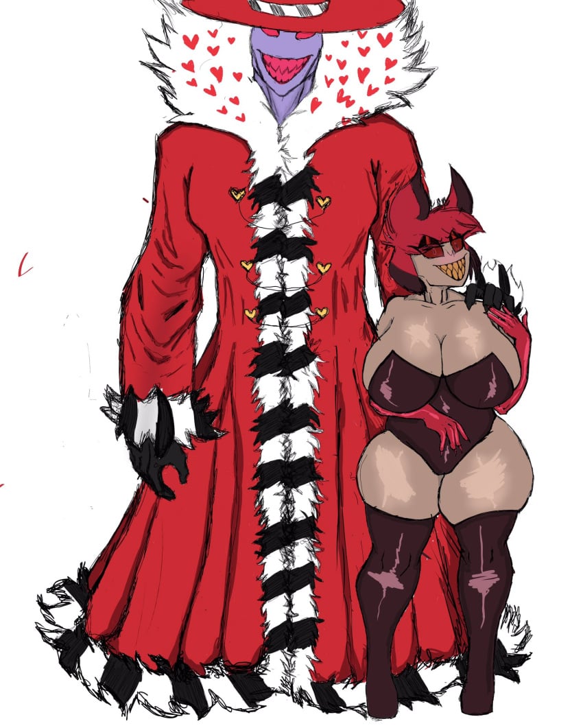 1boy 1boy1girl 1girls alastor_(hazbin_hotel) amputee big_breasts breasts clothed color crimson_redddd demon demon_girl female female_alastor_(hazbin_hotel) genderswap_(mtf) hazbin_hotel hips huge_breasts huge_thighs mature rule_63 simple_background smile thick_thighs thighs valentino_(hazbin_hotel) yellow_teeth you_forgot_his_fourth_set_of_arms