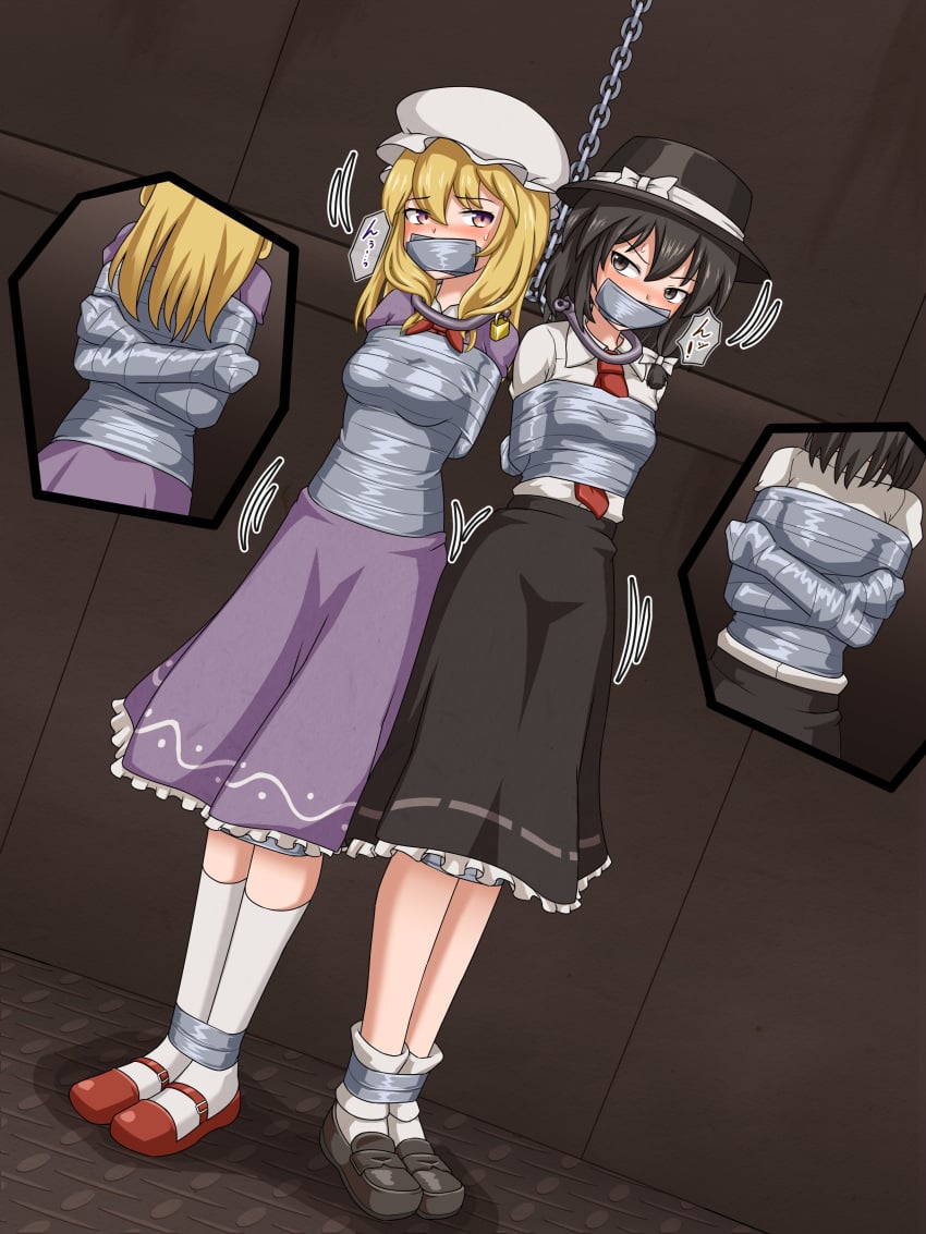 2girls black_hair blonde_hair blush bondage bonnet chain chains dress female female_only gag gagged hat looking_at_another maribel_hearn mary_janes medium_hair multiple_girls renko_usami shoes short_hair socks standing tape_bondage tape_gag thalter39o touhou usami_renko