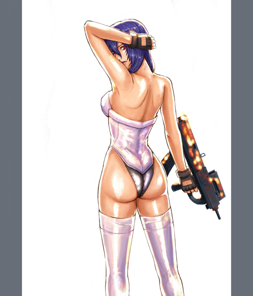 ass back backless_leotard bare_shoulders bullpup commentary_request cyberpunk cyborg female fingerless_gloves from_behind ghost_in_the_shell ghost_in_the_shell_stand_alone_complex gloves gun highleg highleg_leotard highres kusanagi_motoko leotard looking_at_viewer looking_back pillarboxed purple_hair red_eyes short_hair solo subdermal_port submachine_gun thighhighs weapon white_background