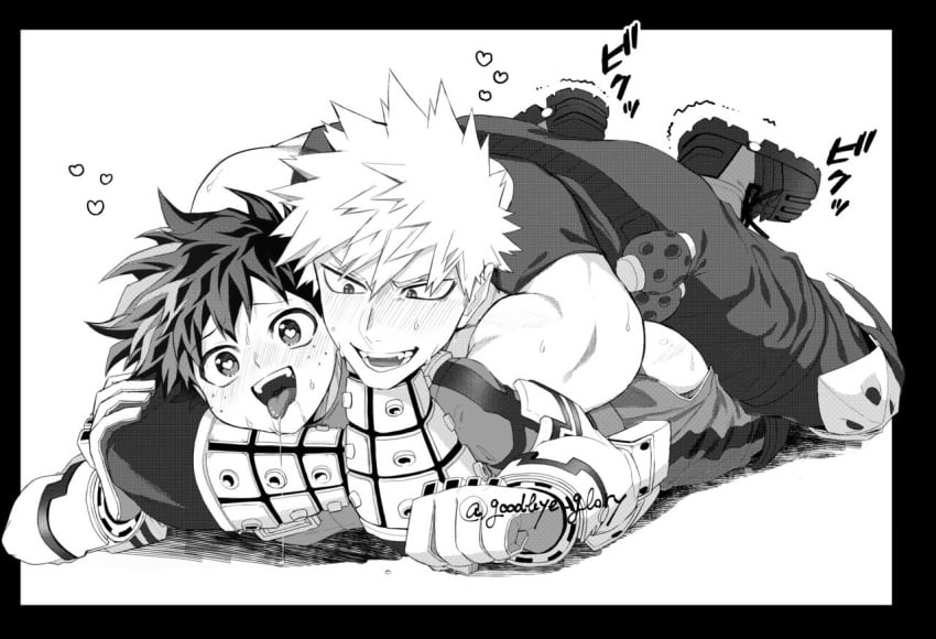 2boys anal bakugou_katsuki blush_lines boku_no_hero_academia clothed_sex deku gay gay_sex goodbye_glory happy_sub headlock heart-shaped_pupils hero_outfit_(mha) izuku_midoriya katsuki_bakugou male male/male male_only male_penetrated male_penetrating malesub midoriya_izuku muscular_male my_hero_academia on_stomach open_mouth spiky_hair tongue yaoi