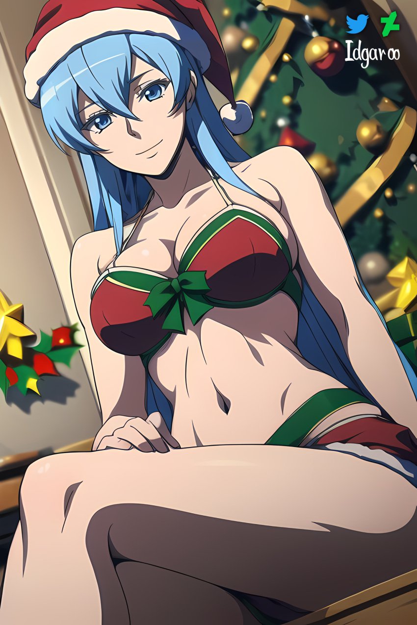 absurd_res absurdres ai_generated akame_ga_kill! belly belly_button bikini blue_eyes blue_hair christmas christmas_bikini christmas_tree crossed_legs esdeath_(akame_ga_kill!) green_ribbons idgaroo long_hair midriff navel pixai ribbon smile stable_diffusion