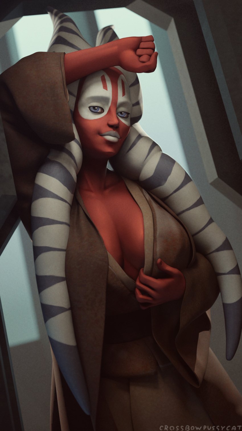 1girls 2021 alien big_breasts blue_eyes crossbowpussycat facial_markings jedi jedi_master lucasfilm montrals patreon_reward red_skin revealing_clothes revenge_of_the_sith robes seductive seductive_smile shaak_ti star_wars togruta white_lips