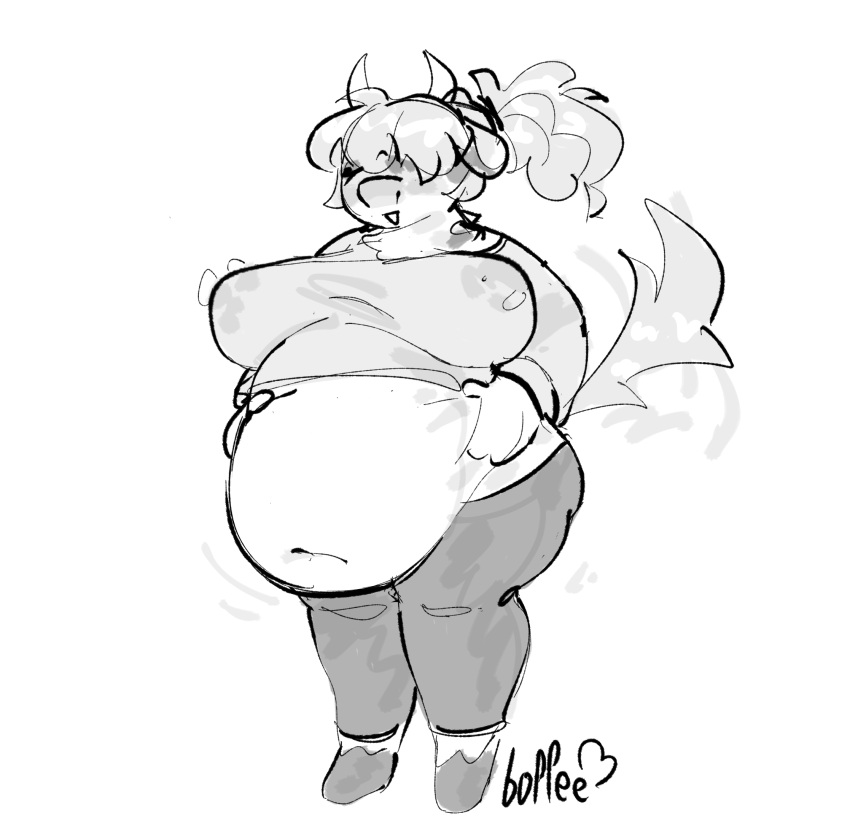 anthro belly belly_grab big_belly big_breasts bodily_fluids boppee bovid bovine breasts cattle clothing crop_top female gynomorph_(lore) hair hair_over_eyes hands_on_belly hi_res hooves horn lactating lactating_through_clothing leggings legwear mammal mature_female neck_tuft overweight overweight_anthro overweight_female ponytail rose_(boppee) shirt solo tail tail_tuft thick_thighs tight_clothing topwear tuft wagging_tail wet wet_clothing