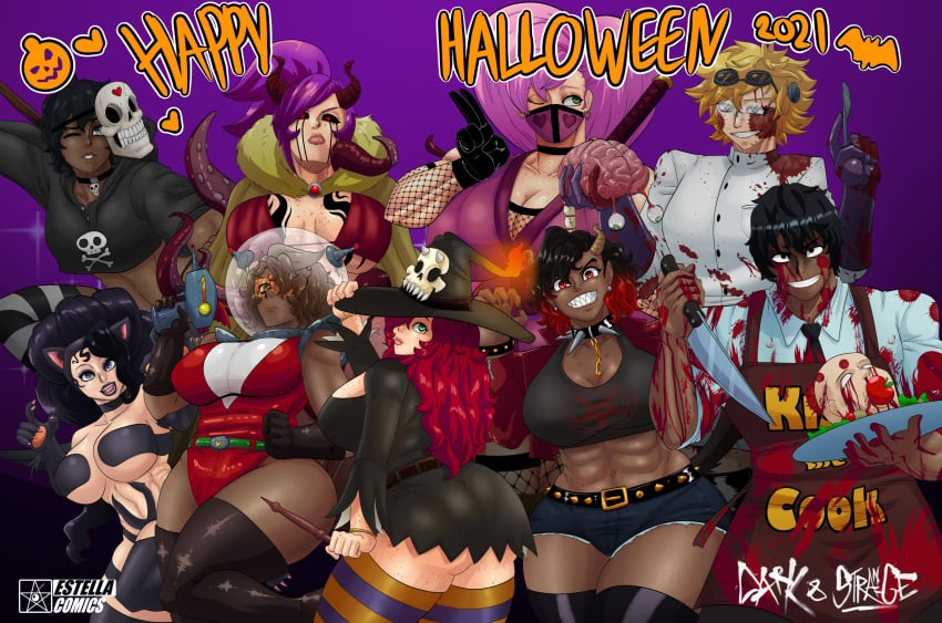 abdominal_bulge alien big_ass big_breasts big_butt big_hips big_thighs black_hair black_sclera blonde_hair blood brain cleavage clementine_(mrestella) collar costume crimson_sterlyn dark-skinned_female dark-skinned_male dark_skin decapitation demon demon_costume demon_girl demon_horns elena_vazquez estella_comics exposed_organs female freckles gloves gore green_eyes guro halloween halloween_costume hourglass_figure huge_ass huge_breasts huge_butt huge_hips huge_thighs jenny_(mrestella) lobotomy looking_at_viewer male mannyestella monster monster_girl mrestella multiple_girls ninja one_eye_closed pink_(mrestella) pink_hair purple_hair quentin_(mrestella) red_eyes red_hair robbie_(mrestella) selena_vazquez sharp_teeth violet_hair wide_hips witch witch_costume witch_hat