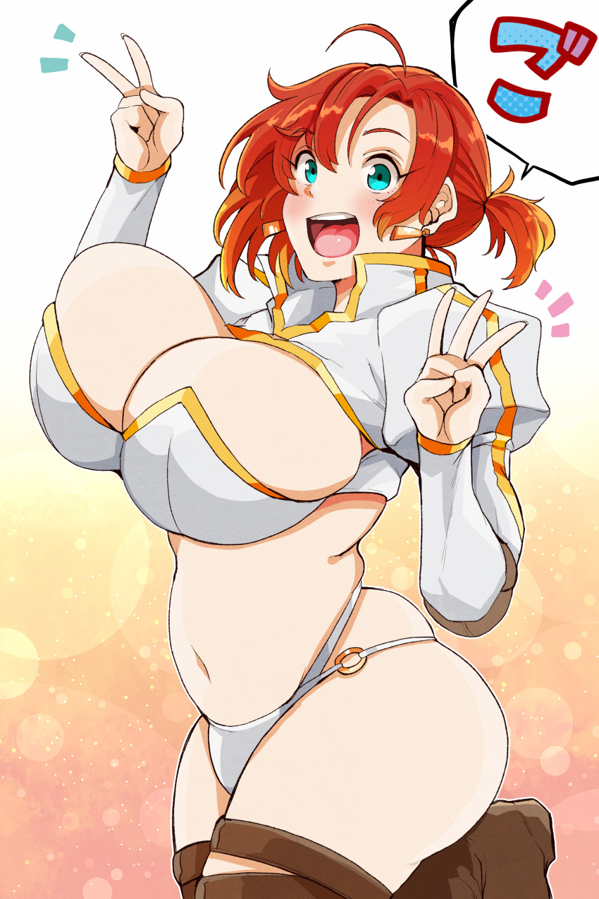 41_(taskmaster41) :d absurdres ahoge aqua_eyes arms_up ass belly bikini blush boots boudica_(fate) boudica_(fate/grand_order) breasts brown_footwear cleavage cowboy_shot double_v duplicate earrings fate/grand_order fate_(series) female highleg highleg_bikini highres huge_breasts jewelry juliet_sleeves knee_boots large_breasts leg_up long_sleeves looking_at_viewer multi-strapped_bikini o-ring open_mouth panties pixel-perfect_duplicate ponytail puffy_sleeves red_hair short_hair short_ponytail shrug_(clothing) skindentation smile solo stomach swimsuit thigh_boots thigh_strap thighhighs thighs translated unaligned_breasts underwear v white_bikini white_panties