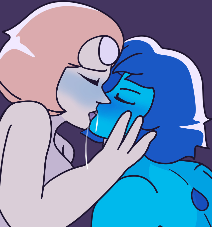 2023 2girls blue_body blue_hair blue_skin cartoon_network closed_eyes drawinecchi drawinecchi2 duo gem_(species) kissing lapis_lazuli_(steven_universe) multiple_girls pearl_(steven_universe) saliva self_upload simple_background steven_universe tongue yuri