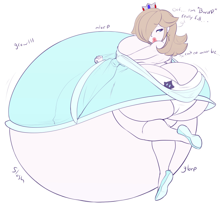 1girls ass bad_anatomy belly big_ass big_breasts bloated_belly blonde_hair blue_dress clothing dress english_text fat female female_only huge_belly imcoffeecakes looking_back mario_(series) onomatopoeia princess_rosalina simple_background solo text thick_thighs white_background