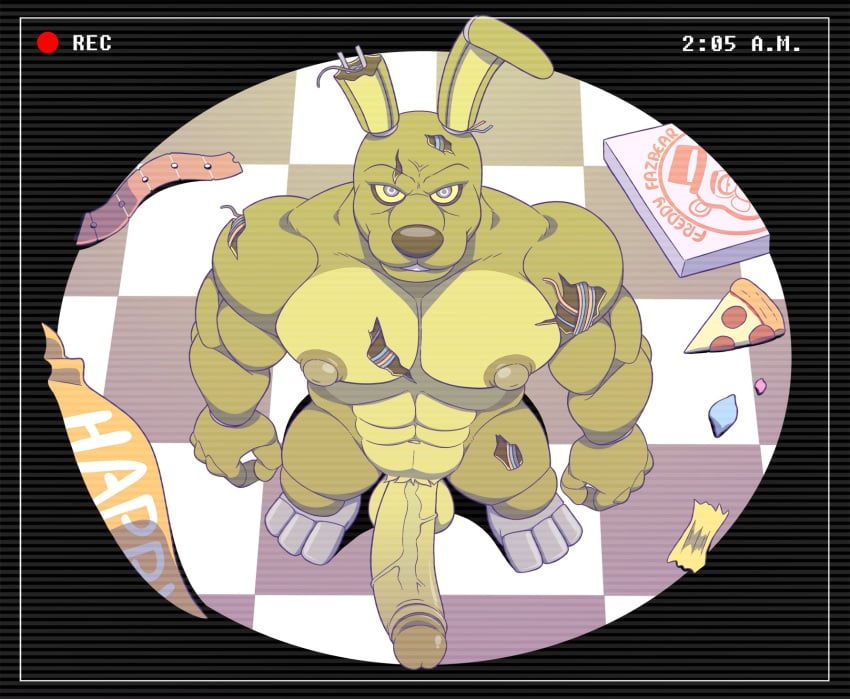 1boy animatronic anthro anti_dev damaged detailed_background erection five_nights_at_freddy's five_nights_at_freddy's_3 food furry genitals hi_res lagomorph leporid looking_at_viewer machine male male_focus male_only mammal messy_room missing_ear muscular muscular_anthro muscular_male nipples nude penis pizza pizza_box rabbit robot security_camera solo springtrap springtrap_(fnaf) vein veiny_penis video_games white_eyes wire yellow_body