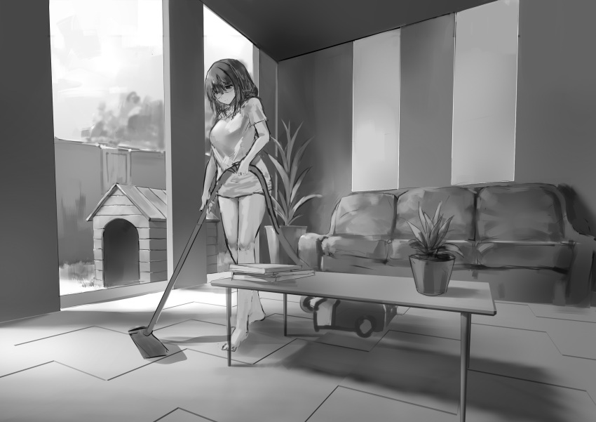 bangs big_ass big_breasts black_and_white bottomless braid braided_hair casual casual_clothes cleaning dog_house female glasses greyscale hi_res highres huge_breasts human_female imminent_bestiality imminent_sex kennel kennel_(object) long_hair monochrome no_panties no_pants original plump plump_ass polki round_glasses smile smiling thick_thighs twin_braids vacuum wide_hips