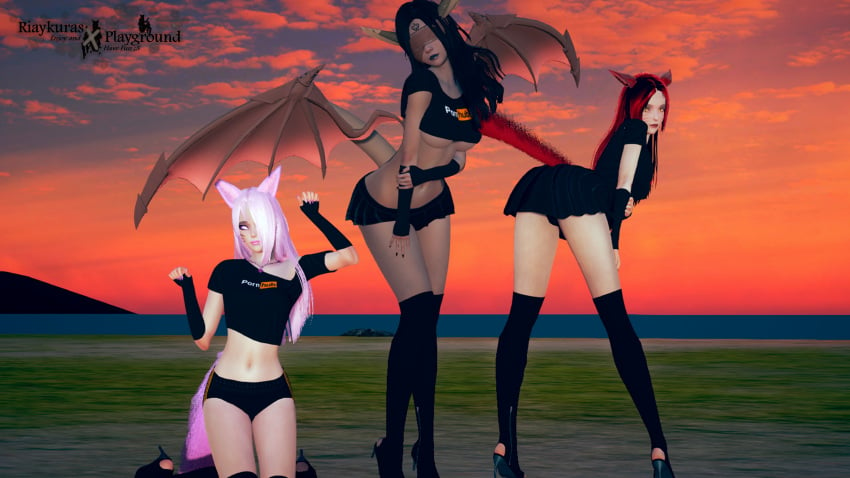 3d 3d_model 3females 3girls belly_button black_boots black_clothes black_clothing black_eyeshadow black_gloves black_hair black_hotpants black_legwear black_lips black_lipstick black_nail_polish black_nails black_skirt blind blindfold blindfolded boots brown_body brown_skin cat_ears cat_girl cat_humanoid cat_tail catgirl clothed clothed_female dark-skinned_female dark_hair dark_skin demon demon_girl demon_wings demoness exxora eyeshadow face_markings females_only final_fantasy final_fantasy_xiv fingerless_gloves fox_ears fox_girl fox_humanoid fox_tail foxgirl gloves group heart_tattoo heels high_heel_boots hotpants island kneeling legs leona_phoenix long_ears looking_at_viewer looking_back_at_viewer miqo'te multiple_girls nails on_knees only_female orange_eyes paw_pose pink_eyes pink_hair pink_lips pink_lipstick pink_nail_polish pink_tail pornhub pornhub_shirt posing presenting presenting_hindquarters red_lips red_lipstick red_sky red_tail riaykura riaykuras_playground self_upload skirt standing sunset t-shirt tail tattoo_on_face underboob winged_humanoid wings