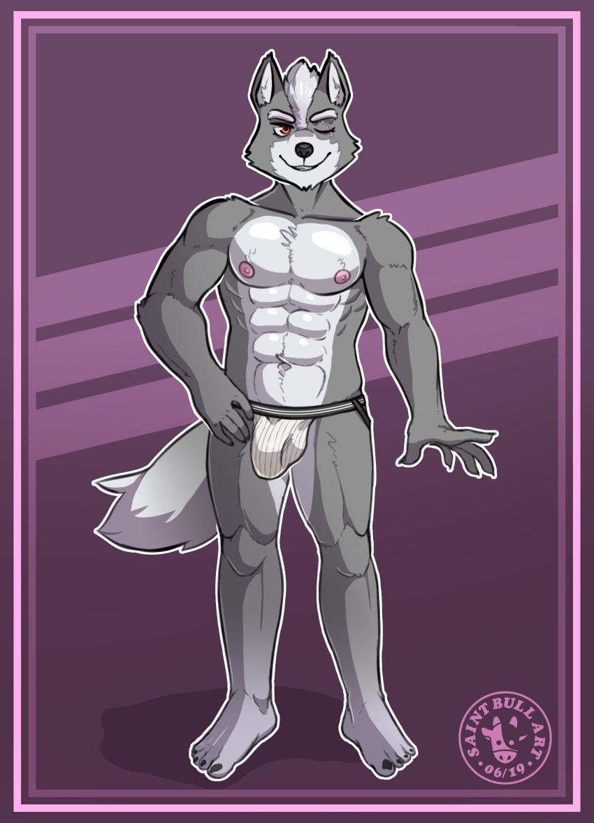 2019 4_toes 5_fingers abs absurd_res alternate_version_at_source anthro artist_name athletic athletic_male belly black_nose black_seam_underwear bulge canid canine canis claws clothed clothing colored_seam_underwear digital_media_(artwork) eye_scar eyebrows facial_scar feet fingers fluffy fluffy_tail front_view fur grey_body grey_fur hair hi_res jockstrap jockstrap_only looking_at_viewer male male_only mammal muscular navel nintendo nipples one_eye_closed outline pecs pinup plantigrade pose quads red_eyes saintbullart scar simple_background smile solo standing star_fox tail toes topless underwear underwear_only watermark white_belly white_clothing white_eyebrows white_hair white_jockstrap white_outline white_underwear wink wolf wolf_o'donnell