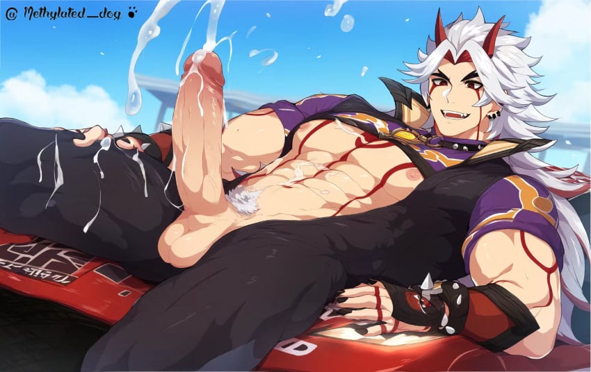 1boy ai_generated arataki_itto gay genshin_impact male male_only methylated_dog muscle muscles muscular muscular_male oni oni_horns racing white_hair yaoi