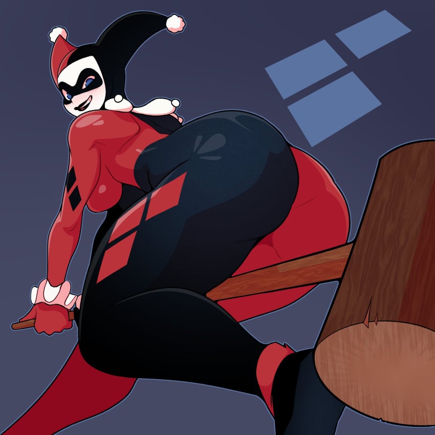 1girls ass batman:_the_animated_series batman_(series) big_ass big_breasts black_lipstick blue_eyes bodysuit breasts clothing clown dabble dc dc_comics female female_only hammer harley_quinn harley_quinn_(classic) human jester jester_hat jester_outfit large_ass lipstick looking_at_viewer looking_back makeup mallet smile solo solo_female thick_thighs thighss weapon