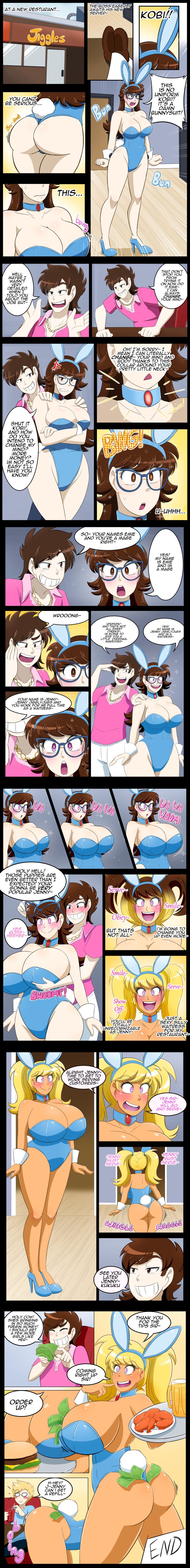 1boy 1girls alternate_hairstyle ass_expansion bent_over bimbo bimbofication blonde_hair blush breast_expansion breasts brown_eyes brown_hair bunny_girl cleavage collar comic dark_skin emie_(kobi) english_text female glasses hi_res high_heels huge_breasts identity_death kobi-tfs kobi_(kobi) large_ass long_hair male mind_control_collar money money_between_breasts money_in_ass open_mouth personality_change pink_eyes spiral_eyes symbol-shaped_pupils text thick_thighs transformation twintails waitress wide_hips