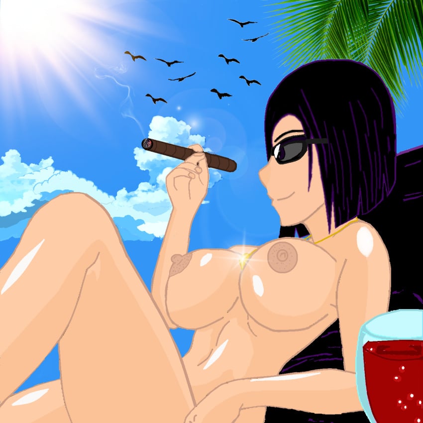 alyssa_rei_kazama beach cigar naked_female nude_female original_character relaxing sun_rays