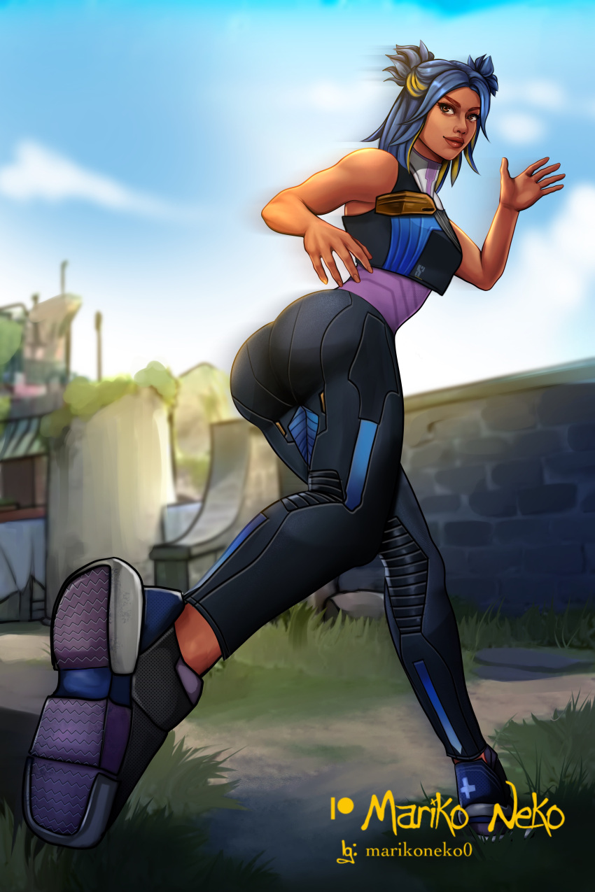 1girls ass ass_focus blue_hair female looking_at_viewer low-angle_view marikoneko marikoneko0 neon_(valorant) riot_games valorant