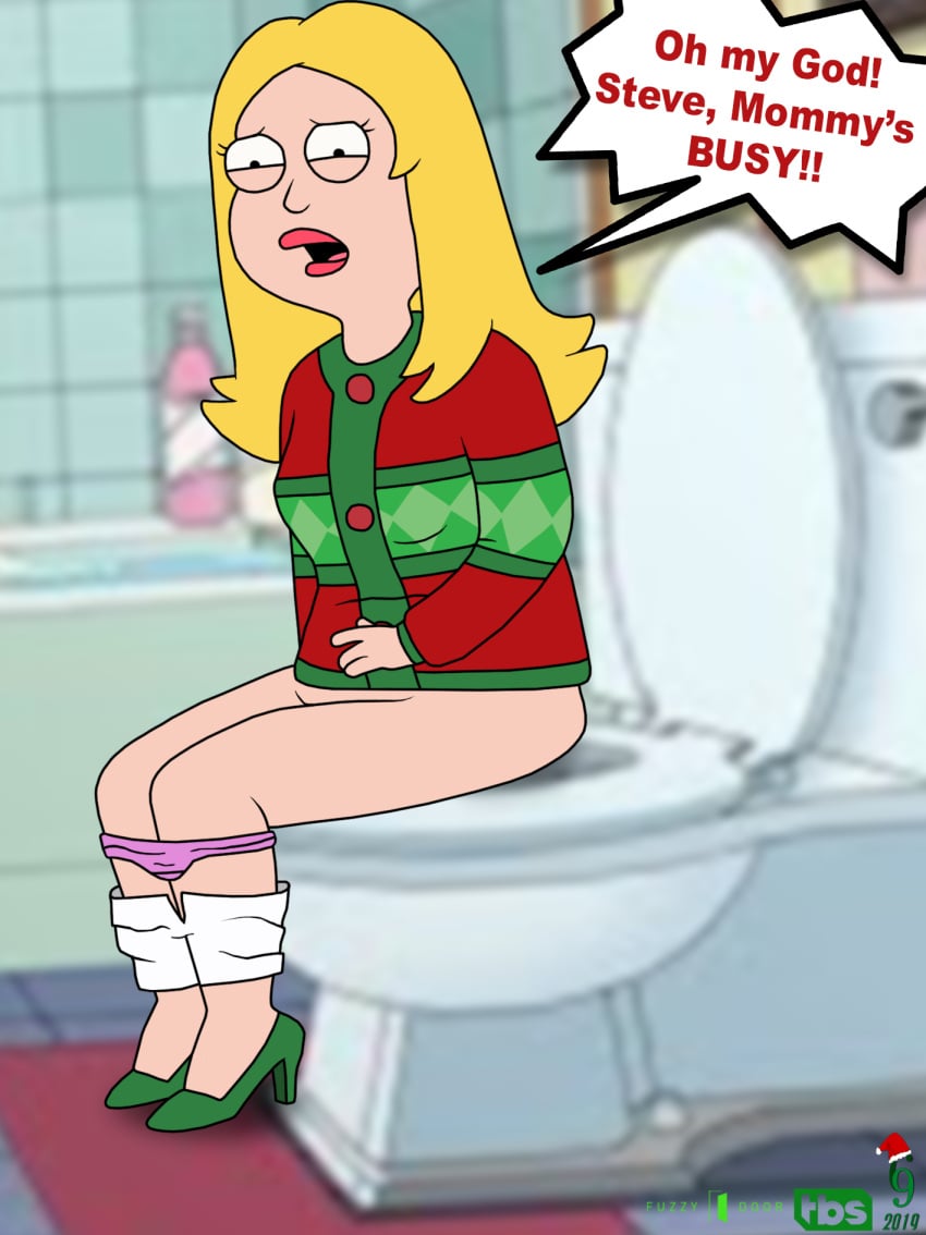 1girls american_dad black_eyes blonde_hair english_text francine_smith high_heels lipstick long_hair makeup milf panties_down pants_down sitting the_wank_bank thedispenser69 toilet