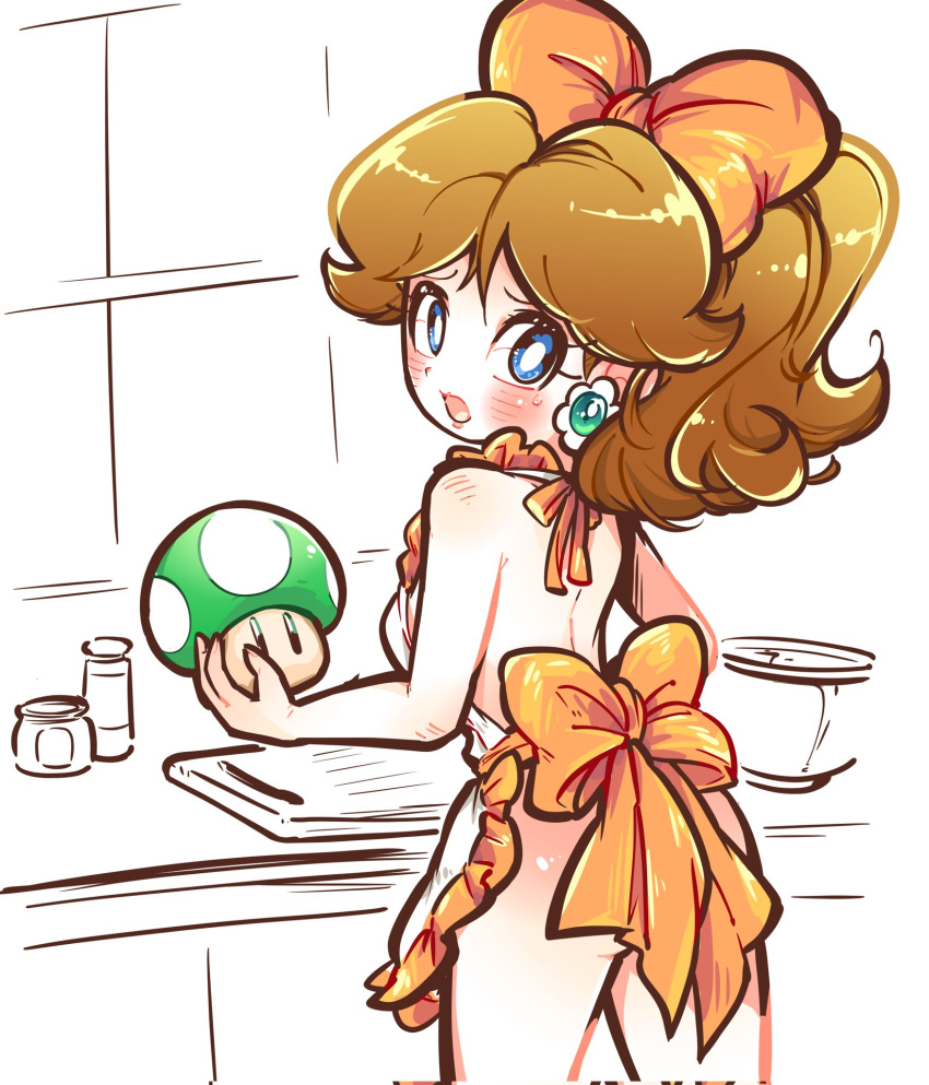 1girls 1up_mushroom apron apron_only blue_eyes brown_hair cindysuke earrings female flower_earrings kitchen mario_(series) mushroom naked nintendo ponytail princess_daisy solo super_mario_bros. tagme