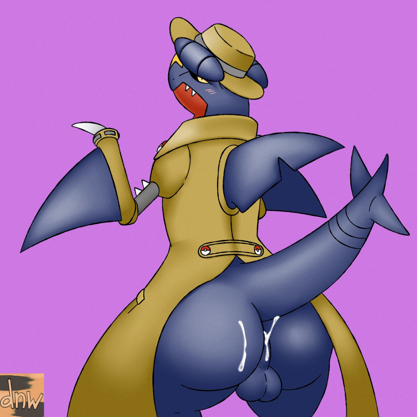 anthro ass balls blush bodily_fluids clothing cum furry garchomp genital_fluids genitals hi_res male male_only nintendo pokémon_(species) pokemon pokemon_(species) pokemon_unite presenting presenting_hindquarters raised_tail reallydarkandwindie scalie stakeout_style_garchomp tail video_games