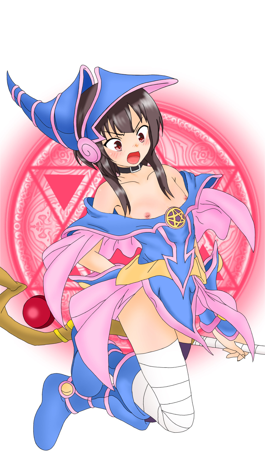 1girls bare_shoulders blush blushing boots breast_slip breasts breasts_out brown_hair collar cosplay dark_magician_girl dark_magician_girl_(cosplay) embarrassed exposed_breasts exposed_nipples female female_only flat_chest hat kono_subarashii_sekai_ni_shukufuku_wo! long_hair looking_at_breasts mad megumin mostly_clothed nipple_slip nipples open_mouth oversized oversized_clothes red_eyes skirt small_breasts solo staff tiny_breasts tkmr wizard_hat yu-gi-oh!