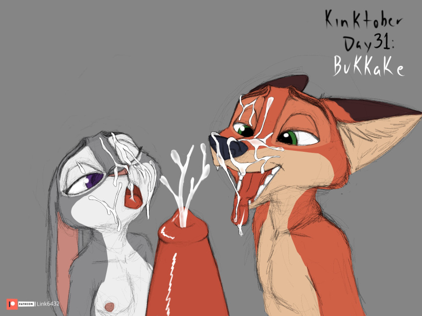 anthro bodily_fluids breasts bukkake canid canine cum cum_on_face disney duo ejaculation erection female flat_chest genital_fluids genitals group group_sex hi_res judy_hopps kinktober_2021 lagomorph leporid link6432 male male/female mammal nick_wilde nipples open_mouth penis rabbit sex simple_background smile threesome tongue zootopia