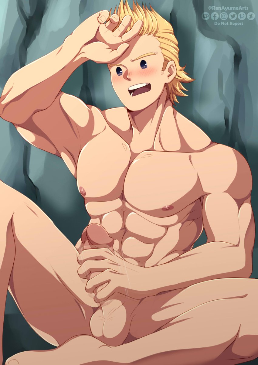 1boy blonde_hair blush blush_lines completely_nude erect_penis erection hand_on_penis male male_only masturbation mirio_togata my_hero_academia no_underwear nude nude_male open_mouth penis penis_growth renayumearts sitting solo solo_focus solo_male stroking stroking_penis