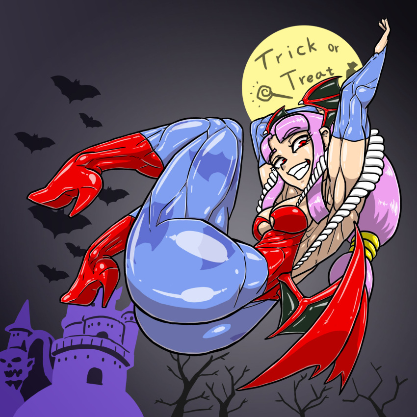 allesey ass cannabis_(allesey) clothing cosplay darkstalkers grin halloween_2021 lilith lilith_(cosplay) muscular muscular_female oppai red_eyes small_breasts