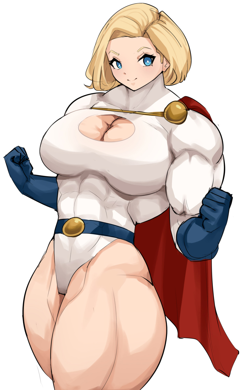 abs belt blonde_hair blue_eyes boob_window breasts cape cleavage dc dc_comics female looking_at_viewer muscles musctonk muscular muscular_female muscular_thighs pecs power_girl solo thick_thighs