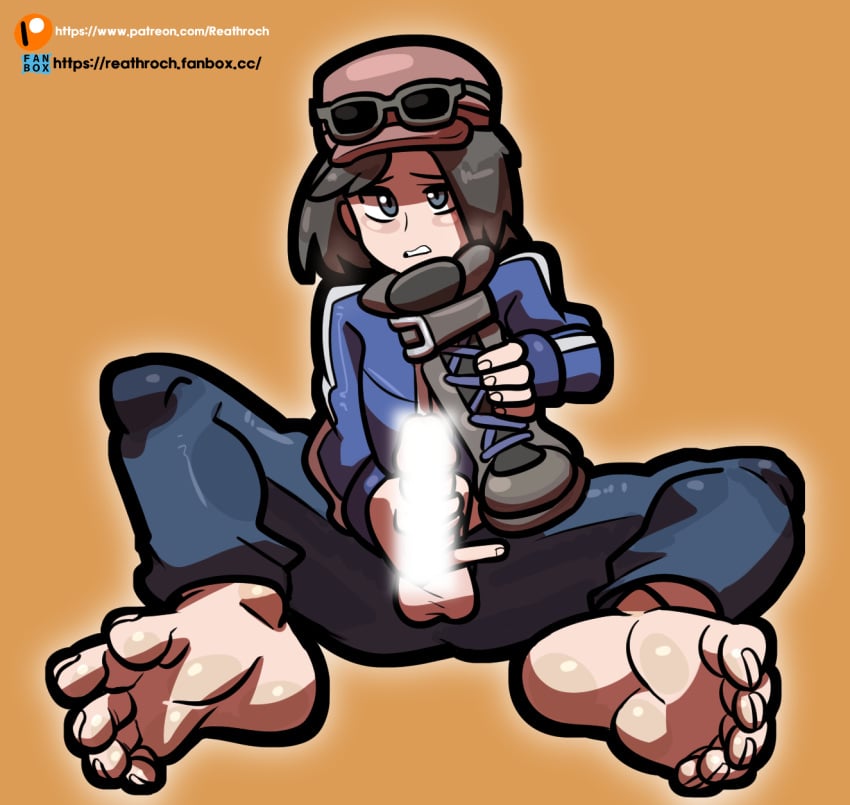 barefoot blush calem_(pokemon) censored feet foot_fetish male male_only masturbation penis pokemon pokemon_xy reathroch shoes_removed soles solo toes