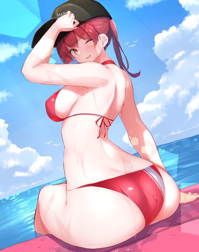 1girls 2021 absurdres ass bangs baseball_cap bikini bird black_headwear blue_sky blush breasts cloud cloudy_sky female female_focus female_only from_behind hand_on_headwear hat highres hololive hololive_fantasy hololive_japan houshou_marine long_hair looking_back medium_breasts nai_(cnoadi8) ocean one_eye_closed red_bikini red_hair sideboob sitting sky smile solo solo_female swimsuit teeth twintails virtual_youtuber water wet yellow_eyes