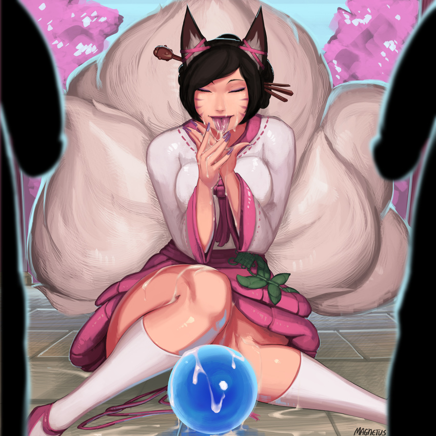 1girls 2boys ahri black_hair breasts brunette cum cum_on_fingers cum_on_hand cum_on_tongue dark-skinned_male dynasty_ahri female fox_girl league_of_legends licking_cum magnetus male penis socks solo_focus tongue tongue_out