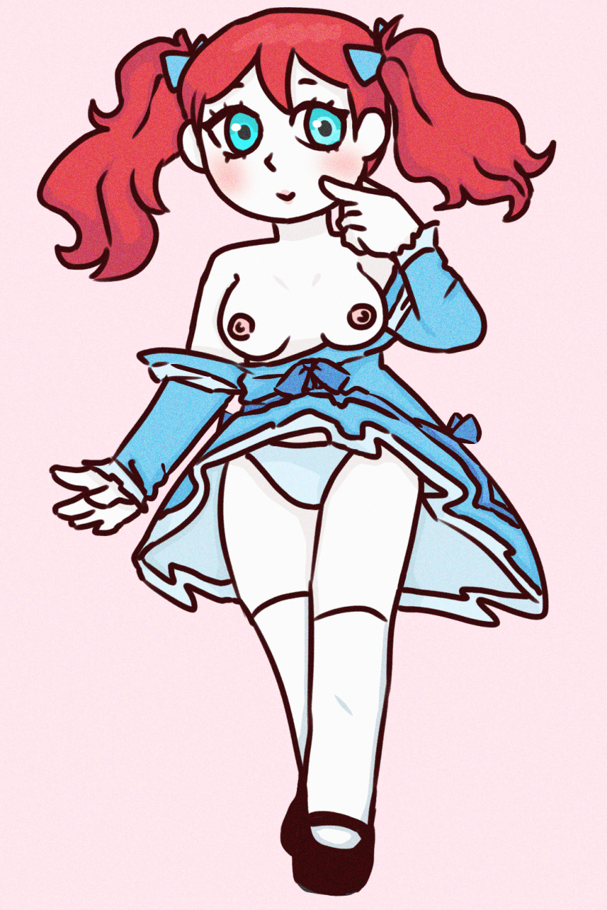 artist_request blue_eyes blue_panties cute doll dress female female_only light_blue_panties nipples pale-skinned_female panties poppy_(poppy_playtime) poppy_playtime red_hair solo turquoise_eyes white_body white_skin